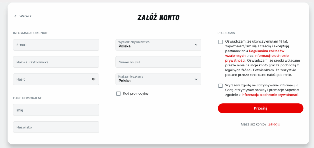 Formularz rejestracji Superbet