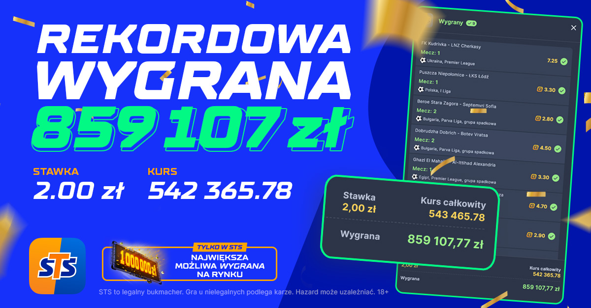 Rekordowa wygrana w STS. Gracz zgarnął 859 107 PLN!