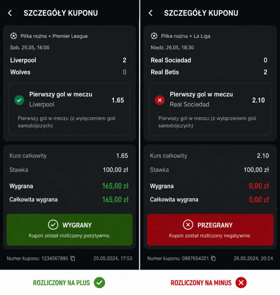 Przykład rozliczenia kuponu - zakład na pierwszego gola