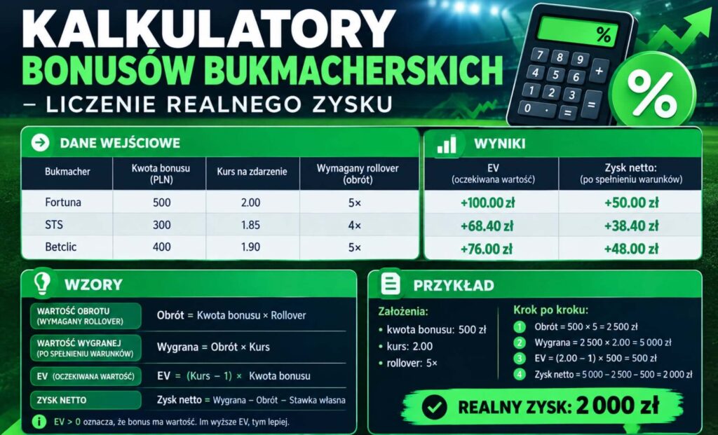 Kalkulator bonusów bukmacherskich - przykładowe obliczenia